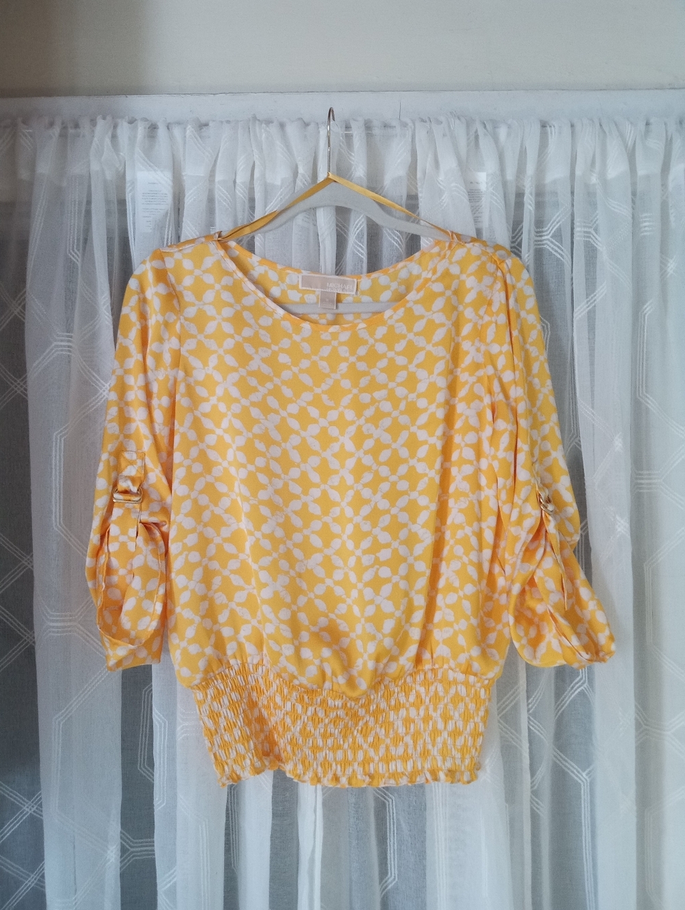 Michael Kors Yellow & White Patterned Blouse with Smocked Hem Size S